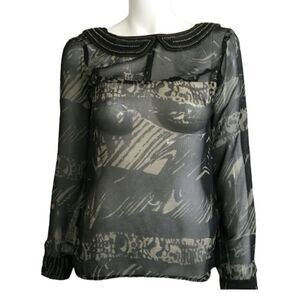 Koaj Y2K Printed Sheer Beaded Collared Long Sleeve Aprica Blouse Black Small